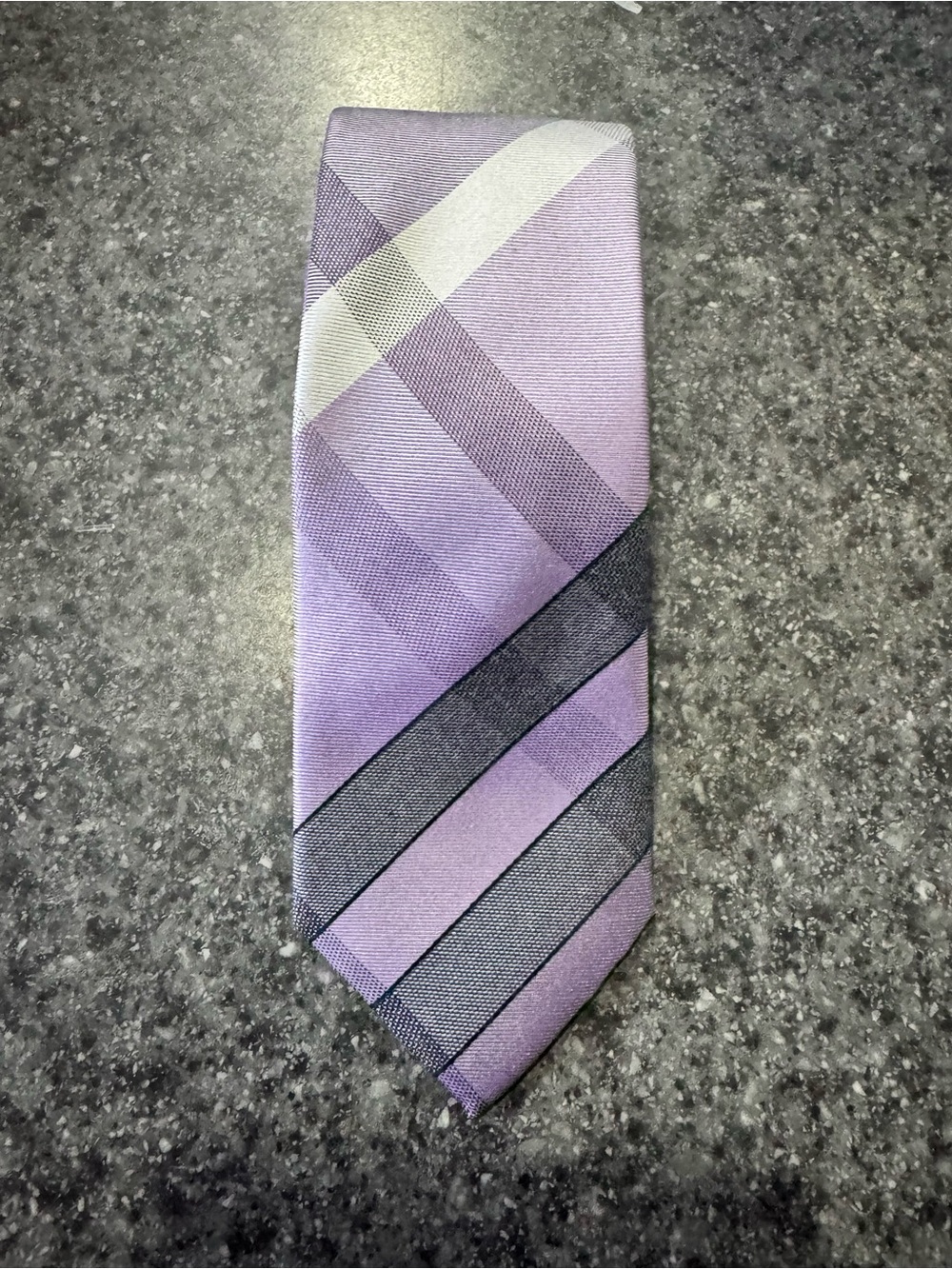 Kenneth Cole Lavender and Gray Plaid Diagonal Stripe Tie